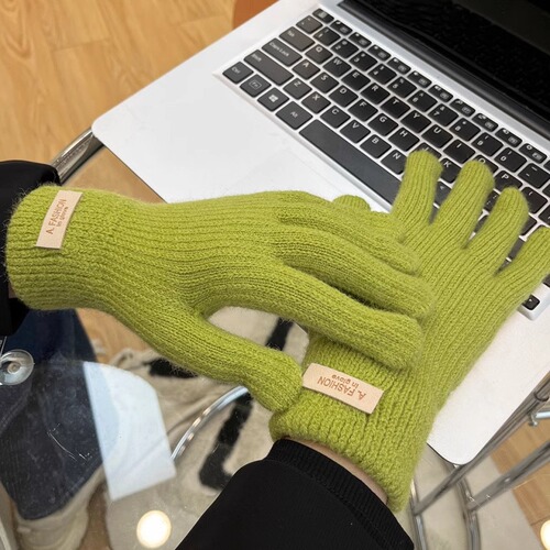Korean knitted woolen gloves for women in winter, thickened and velvet, candy-colored, cycling touch screen, five fingers exposed