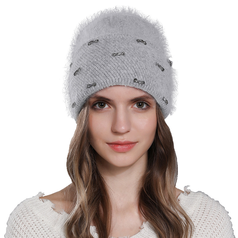 Poils de lapin tricotés pour enfants, mode chaude d'hiver. La laine est polyvalente pour les femmes avec des bords retournés et un double pli_voghion.com