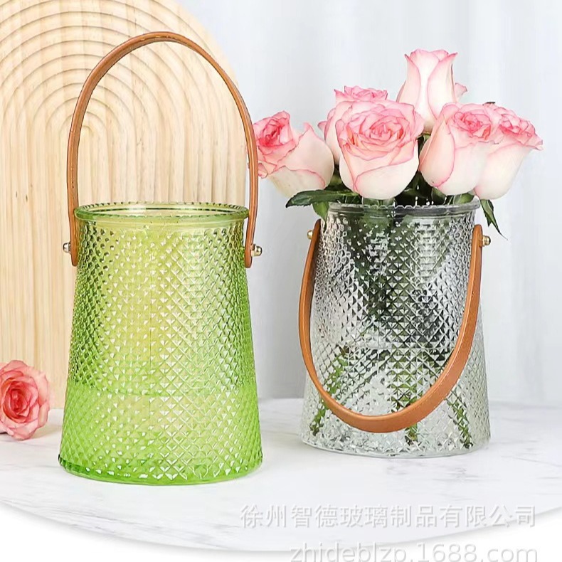 Florero de vidrio portátil personalizado ins Feng Shui flores verdes eneldo decoración de sala de estar florero de vidrio decorativo neto