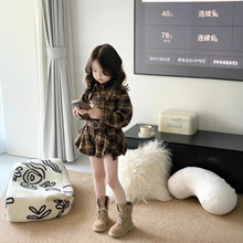 2025秋装女童复古气质翻领衬衫咖啡格纹衬衣+花苞短裤配腰带套装