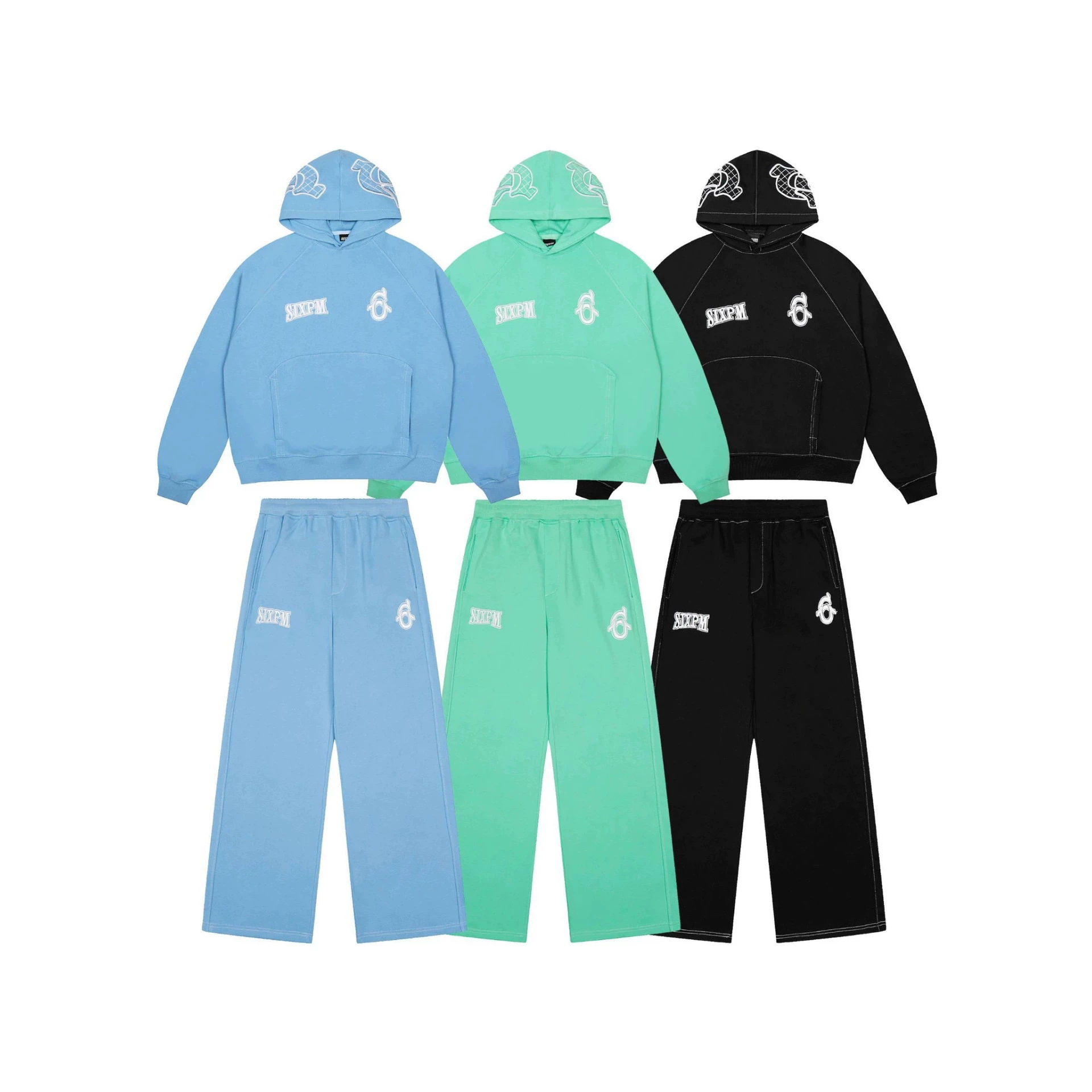 Correct version SIXPM in-stock hooded embroidered letter patchwork sweatshirt and sweatpants set, unisex.