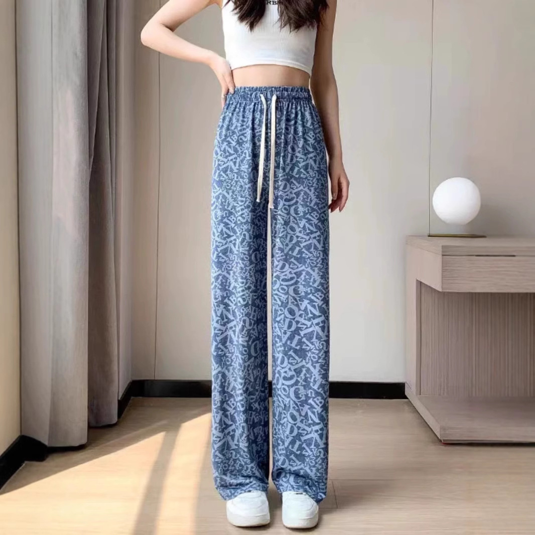 Pantalones anchos de mezclilla de seda de hielo Pantalones casuales delgados con estampado de seda de verano para mujer Pantalones de trapeador de cintura alta sueltos de cintura alta