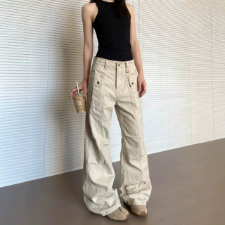 美式vibe高街复古多口袋工装裤女直筒微喇立体显瘦水洗休闲长裤子