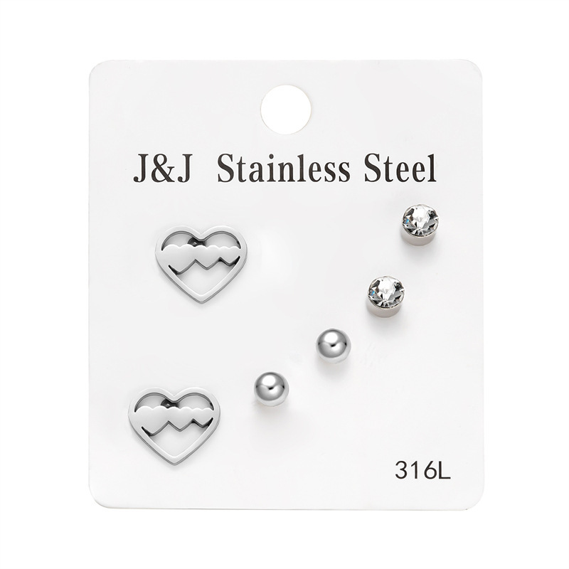 Hot Selling New 3 Pairs Of Heart-shaped Diamond Inlaid Combination Card Set Korean Version Fashionable Earrings_voghion.com