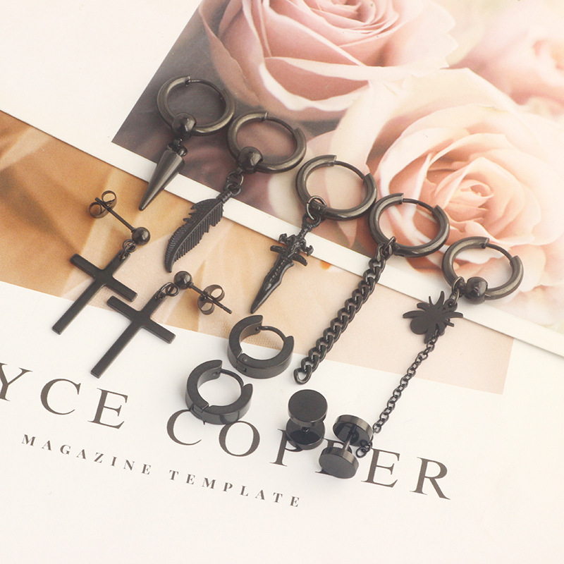 17 Pieces Set Men Stud Earrings Stainless Steel Pierced Earrings Set Black Silver Cross Earrings detail image 18