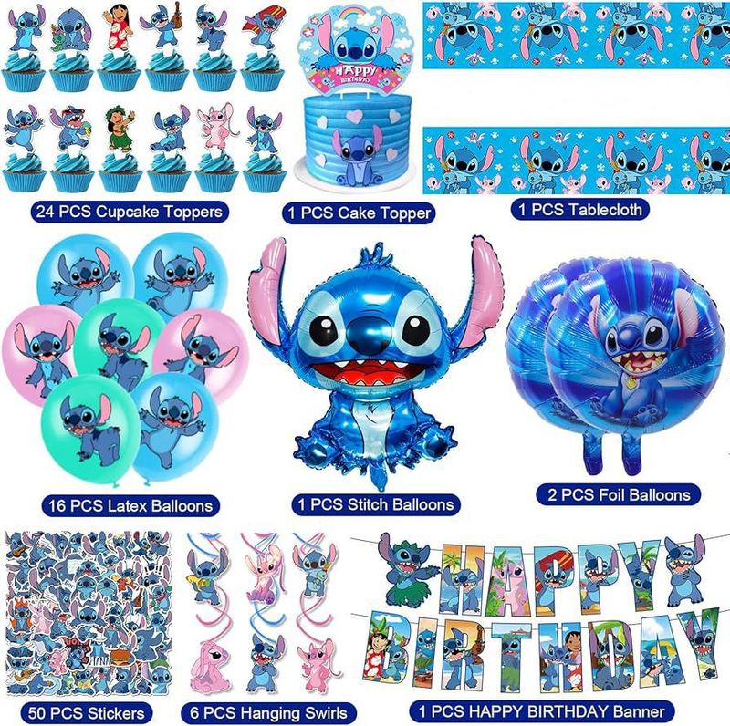 新しいブルーステッチテーマパーティー装飾子供の誕生日フラグケーキインサートバルーンステッカーセット|undefined