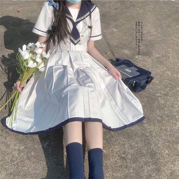 Summer New Japanese JK Sailor Suit Temperament Tight Waist Slimming dress Female Student Mid-Length Pleated A- Line Skirt Summer New Japanese JK Sailor Suit Temperament Tight Waist Slimming dress Female Student Mid-Length Pleated A- Line Skirt