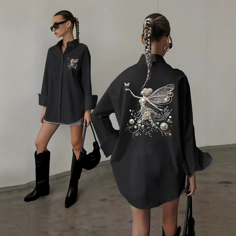 2026 New Model Horse Head Print Popular Black Shirt for Women, Loose Long Sleeve Turn-down Collar Niche Casual Shirt