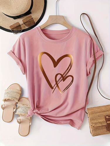 Women's Casual Red T-Shirt with Gold Heart Print - Soft Polyester