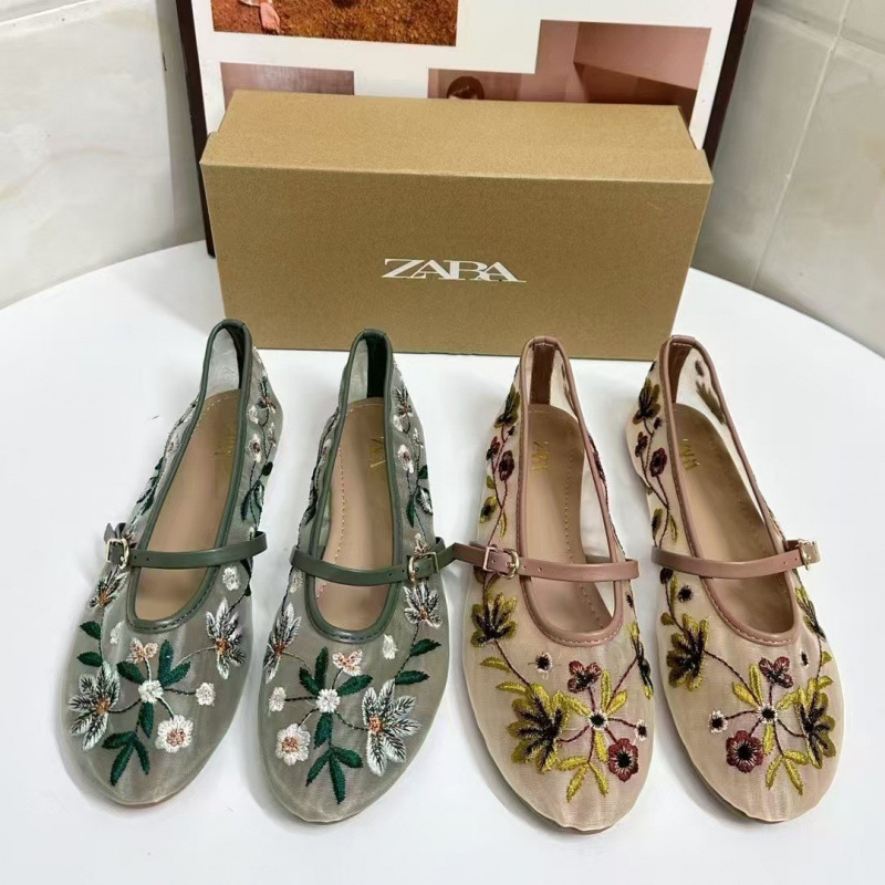ZA Spain 2025 Autumn New Women's Shoes Round Head Mesh Sand Green Flower Embroidered Mesh Ballet Flat Bottom