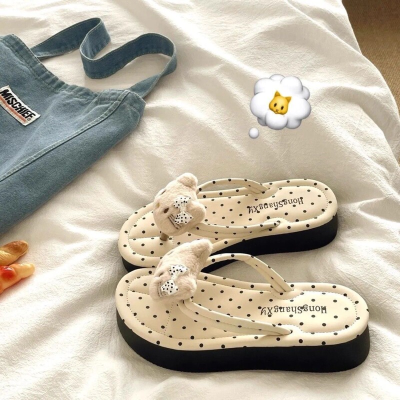 Cute Polka Dot Cartoon Cat Thick-Soled Flip-Flops for Women, Summer Anti-Odor, Anti-Slip, Breathable, Water-Resistant Thong Sandals