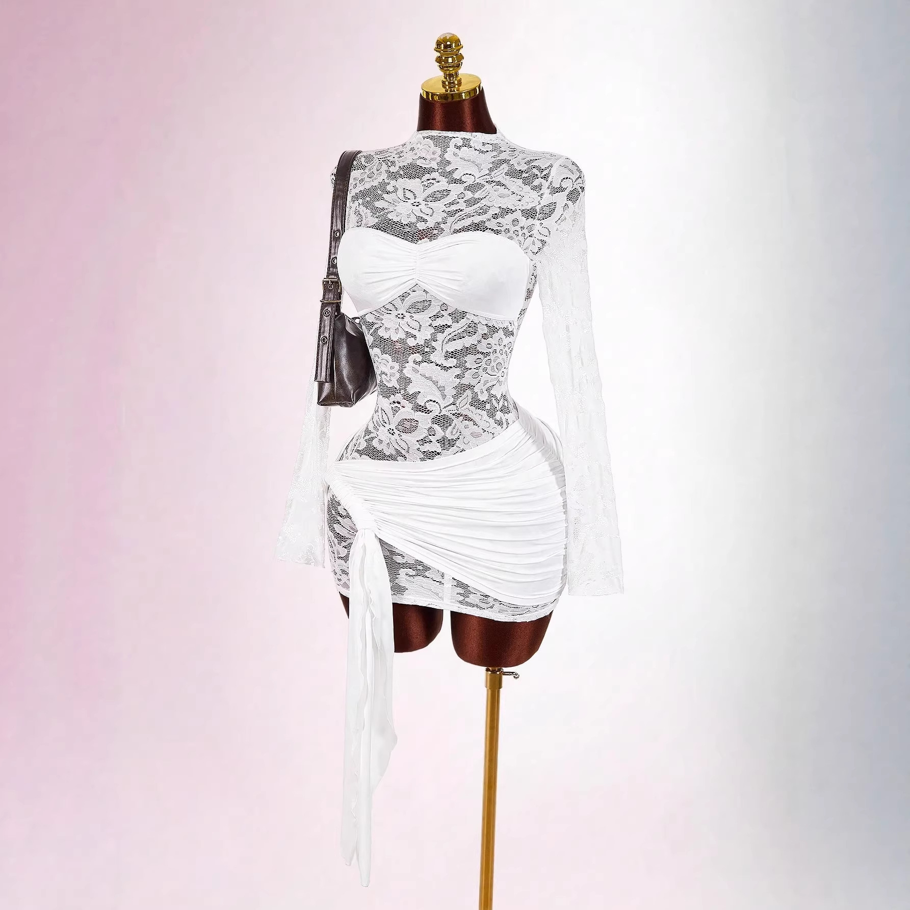 Sexy Lace Trimmed Mesh Fabric Round Neck Long Sleeved Slim Fit Pleated Tie Up Dress_ecoleips.com