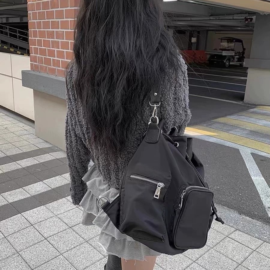 Unique Design Black Large-capacity Multi-pocket Shoulder Tote Bag, Korean Style Ins-inspired Drawstring Multi-use_voghion.com