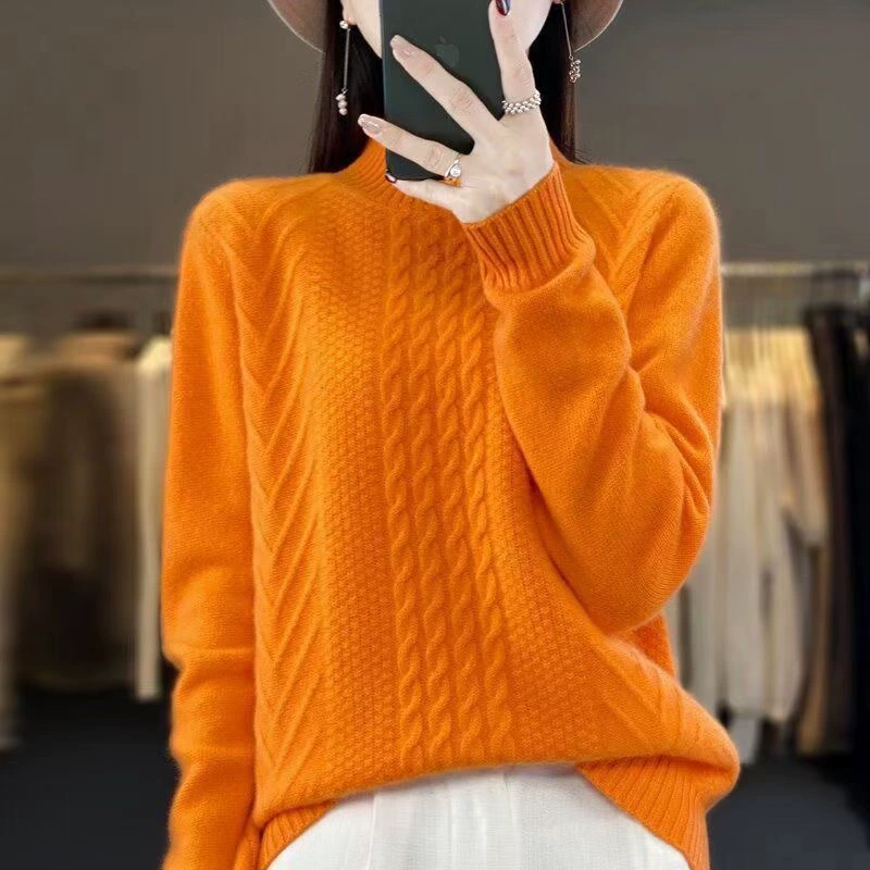 Women’s half‑turtleneck pullover, pure wool, cropped thick cable knit, autumn‑winter