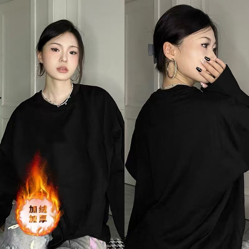 2025新款圆领卫衣女春秋内搭纯色基础款大码宽松长袖无帽上衣打底|undefined