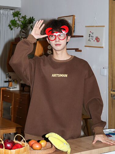 250g Heavyweight Print Crewneck Padded Hoodie for Men - Autumn/Winter Style, Japanese Sporty Style, Hooded Top for Boys