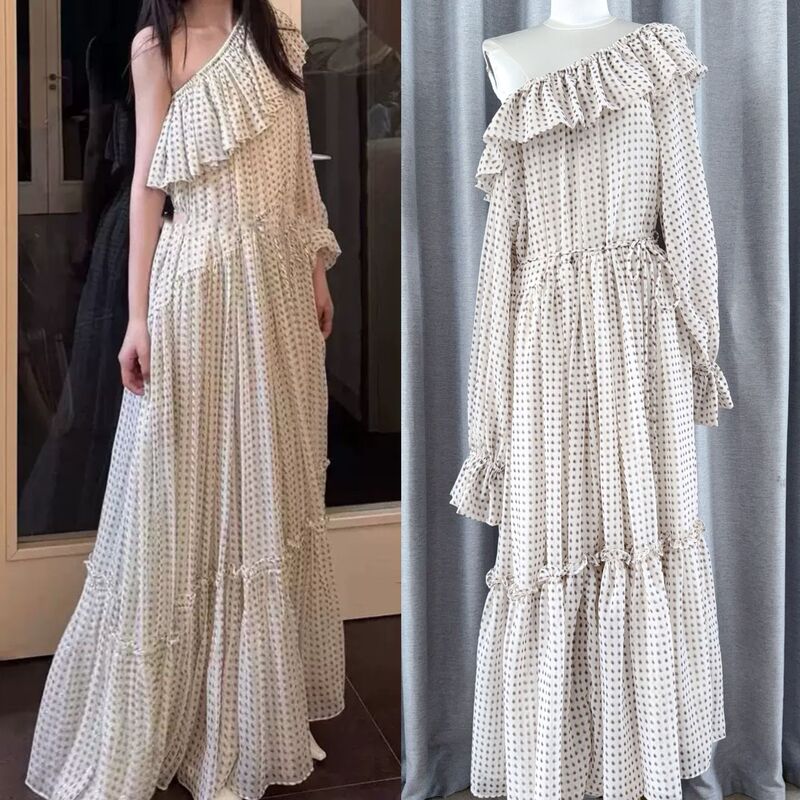 In Stock 25Spring/Autumn New French-Style Polka Dot Off-Shoulder Dress