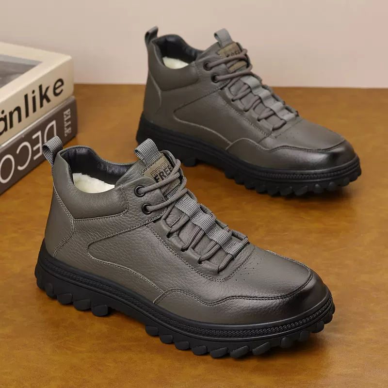 头层牛皮冬季羊毛男式棉鞋真皮加绒保暖休闲男款男鞋加厚大码靴子