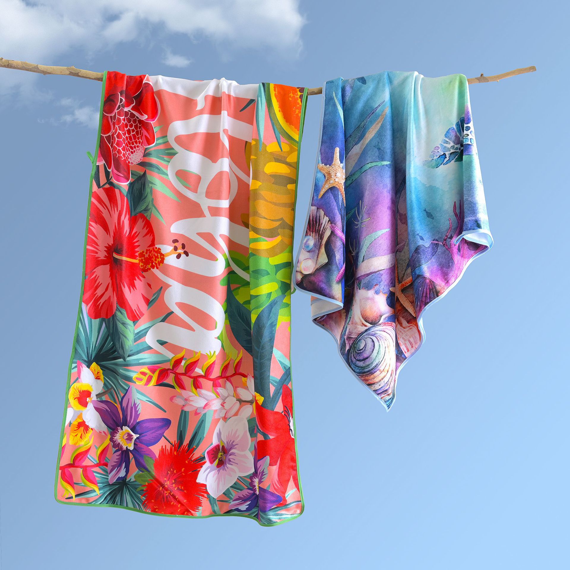 厂家批发定制涤棉32支速干沙滩巾成人加大柔软易吸水活性印花浴巾