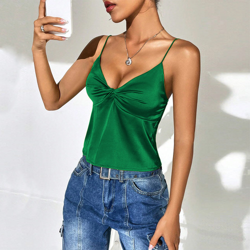 Foreign trade cross-border European and American clothing sexy v-neck short satin satin solid color temperament camisole top