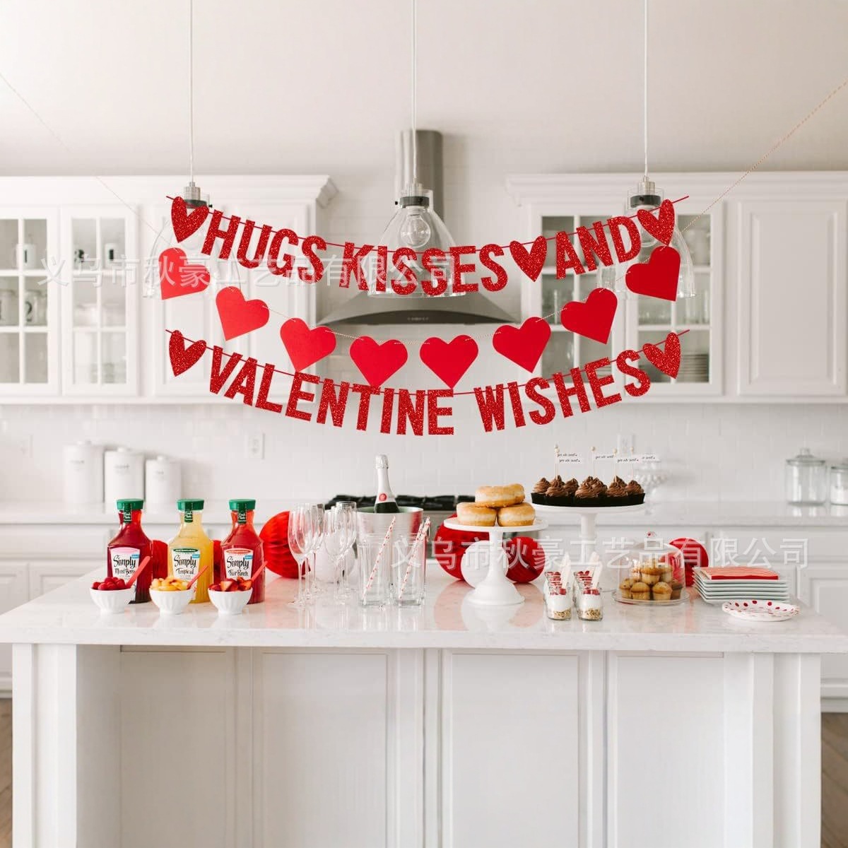 Feliz Día de San Valentín tira de banderas abrazar besos y bendiciones del Día de San Valentín tira de flores polvo decoración de fiesta