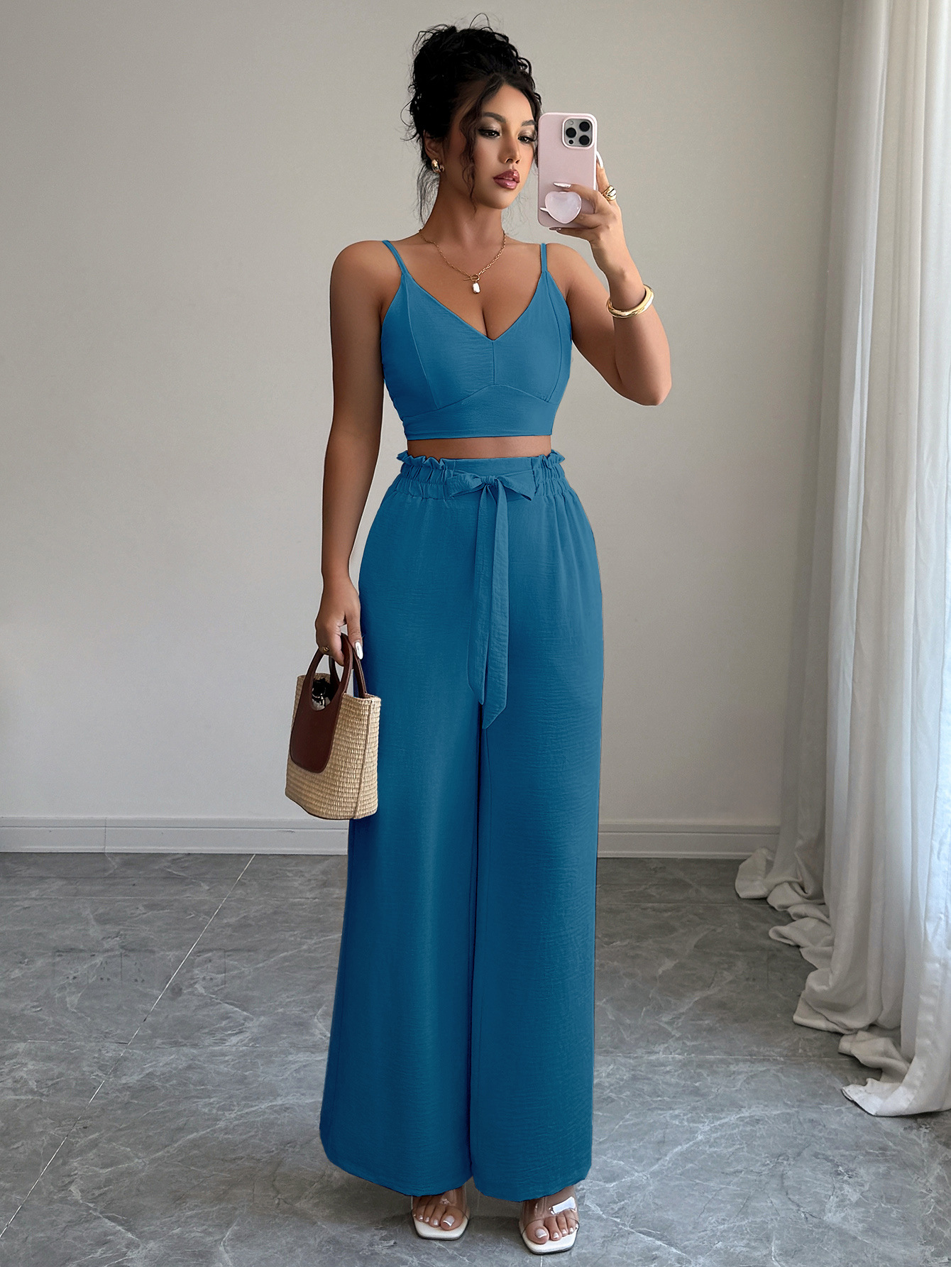 364g Weight Sleeveless Sleeve Length Polyester Fabric Type Pant Co-ord Set Sets Type 2 Pieces Set Quantity Casual, Daily Occasion Strap Neckline Slim, Loose Fit Type Solid Color Pattern Summer Season Women's Gender Casual, Sexy Style Casual Daily Women's Casual Sexy Solid Color Polyester Pant Co-ord Set Pants Sets 10