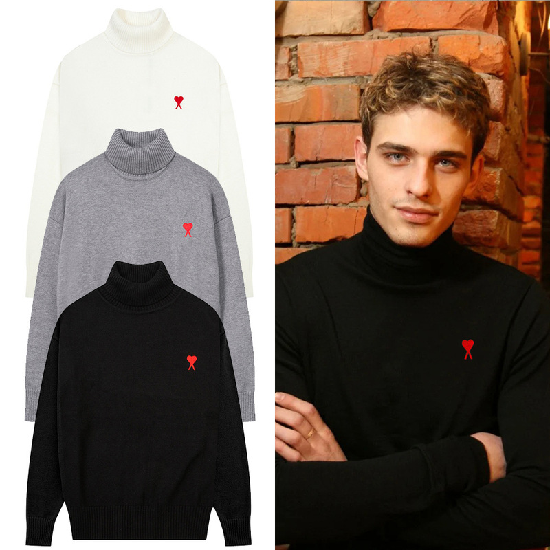 Ami Clams Men's and Women's Classic Red Heart Embroidered Cotton Loose Turtleneck Pullover Knitwear