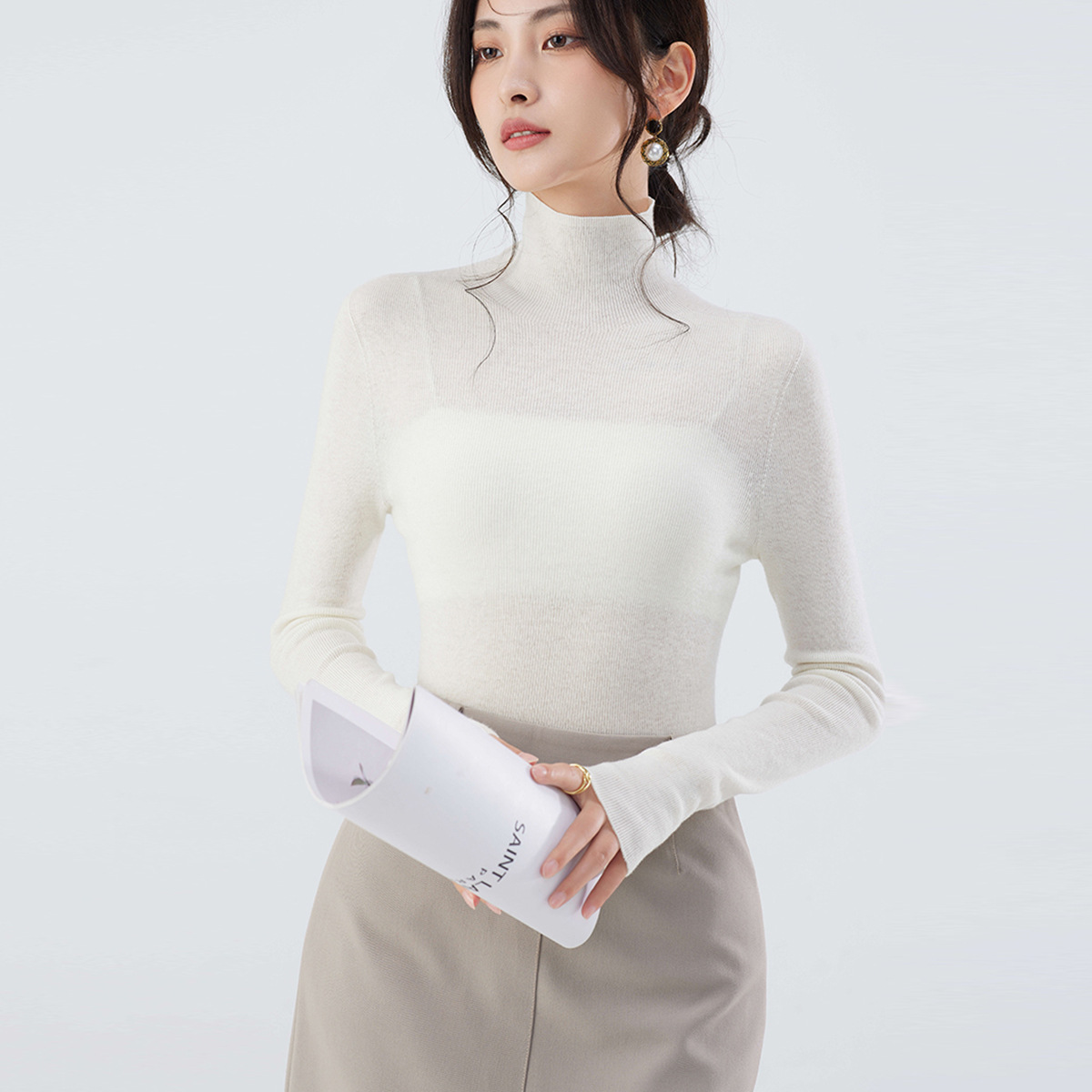 洗濯機で洗えるシームレス18針精編ニットベースレイヤー100%ピュアファインウールセーター女性用秋冬ハイネックセーター