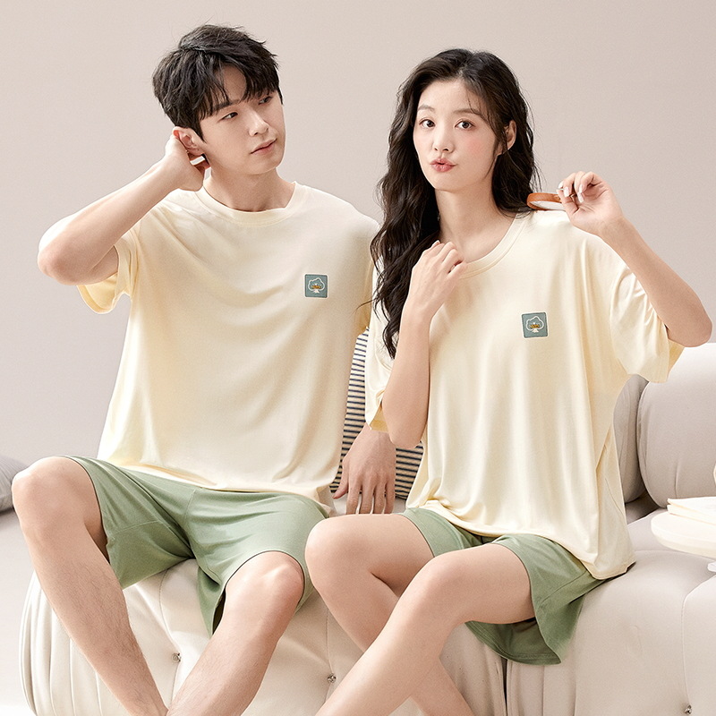 Con almohadilla para el pecho 2024 pijamas de verano pareja modal manga corta conjunto de dos piezas primavera y verano color sólido hombres homewear suave