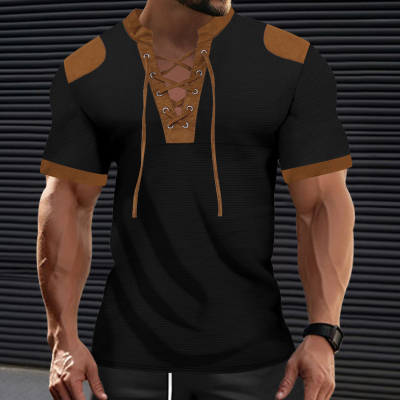 T-shirt da uomo con scollo a v e laccetti moda casual estiva_voghion.com
