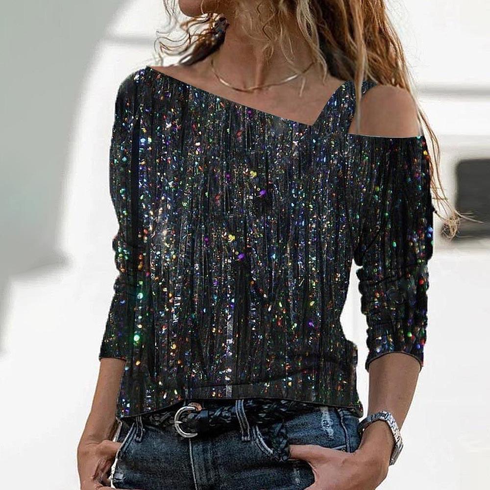 Ropa de mujer transfronteriza europea y americana Nuevo Amazon eBay arte brillante mármol impreso fuera del hombro de media manga superior