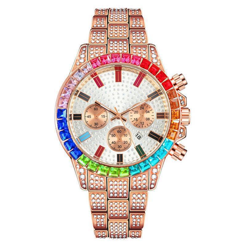 Transfronterizo transmisión en vivo diamante color diamante cinturón de acero calendario reloj estrellado simple moda elegante lujo gran dial reloj