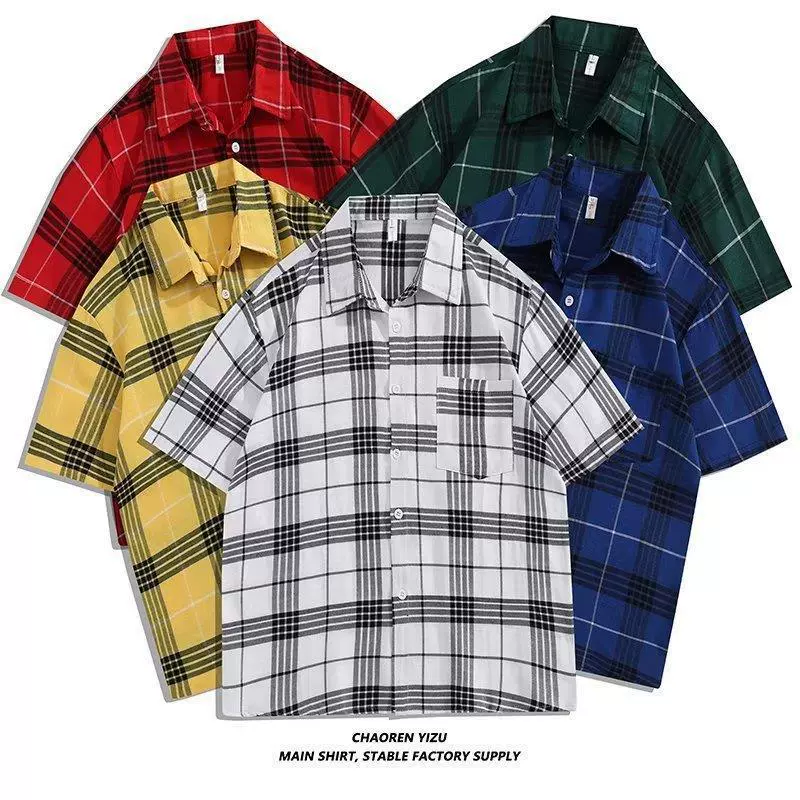 Клетчатая рубашка летняя новая японская ленивая темпераментная тенденция пятицентная рукавная мужская тонкая лацканная одежда