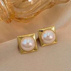 金屬質感幾何方形鑲大珍珠耳環簡約歐美風耳飾女