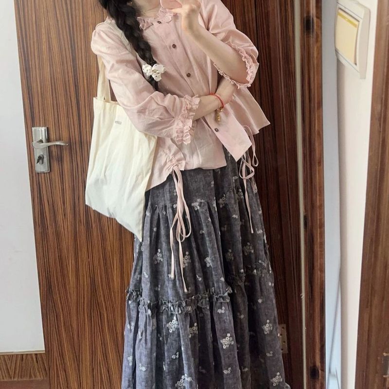 秋季新款温柔时尚花边衬衫衬衣女韩系设计感宽松半身裙两件套|undefined
