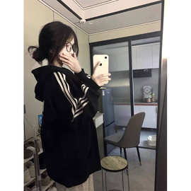 美式复古潮牌三条杠连帽卫衣女春秋oversize外套chic慵懒开衫
