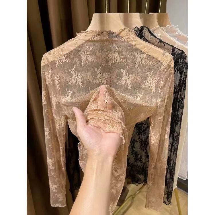 薄款高领蕾丝内搭小衫女秋冬2025新款边网纱打底衫女内搭上衣|undefined