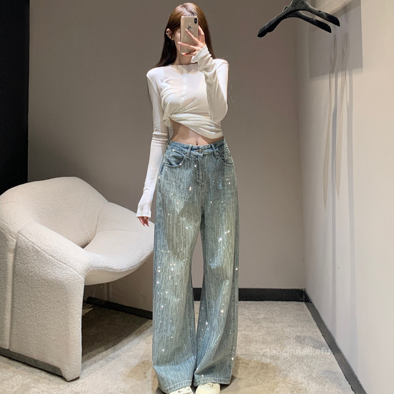 烫钻满天星设计牛仔裤女 复古做旧风显瘦百搭高腰阔腿长裤ZK63398|undefined