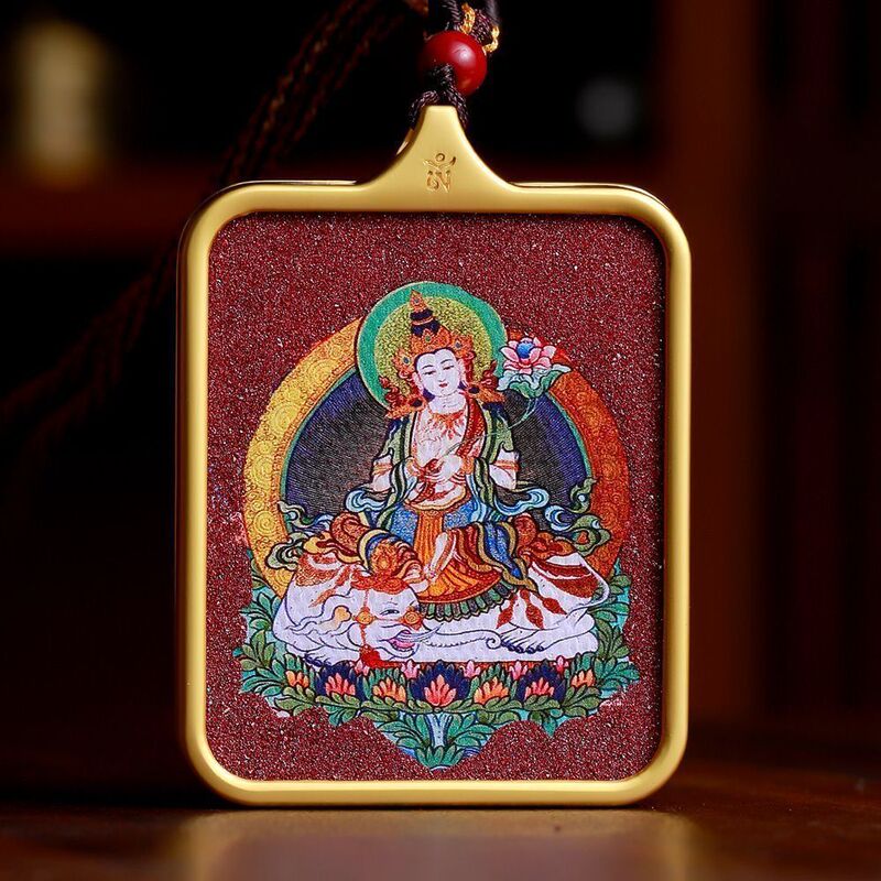 Cinnabar Thangka Pendant with Gold-Painted Titanium Steel Buddha Amulet, Guanyin, High Content of Cinnabar, 99% Pure Hand-Painted Thangka