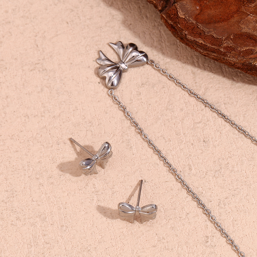 Steel Color Ribbon Bow Pendant Necklace Earrings Sets