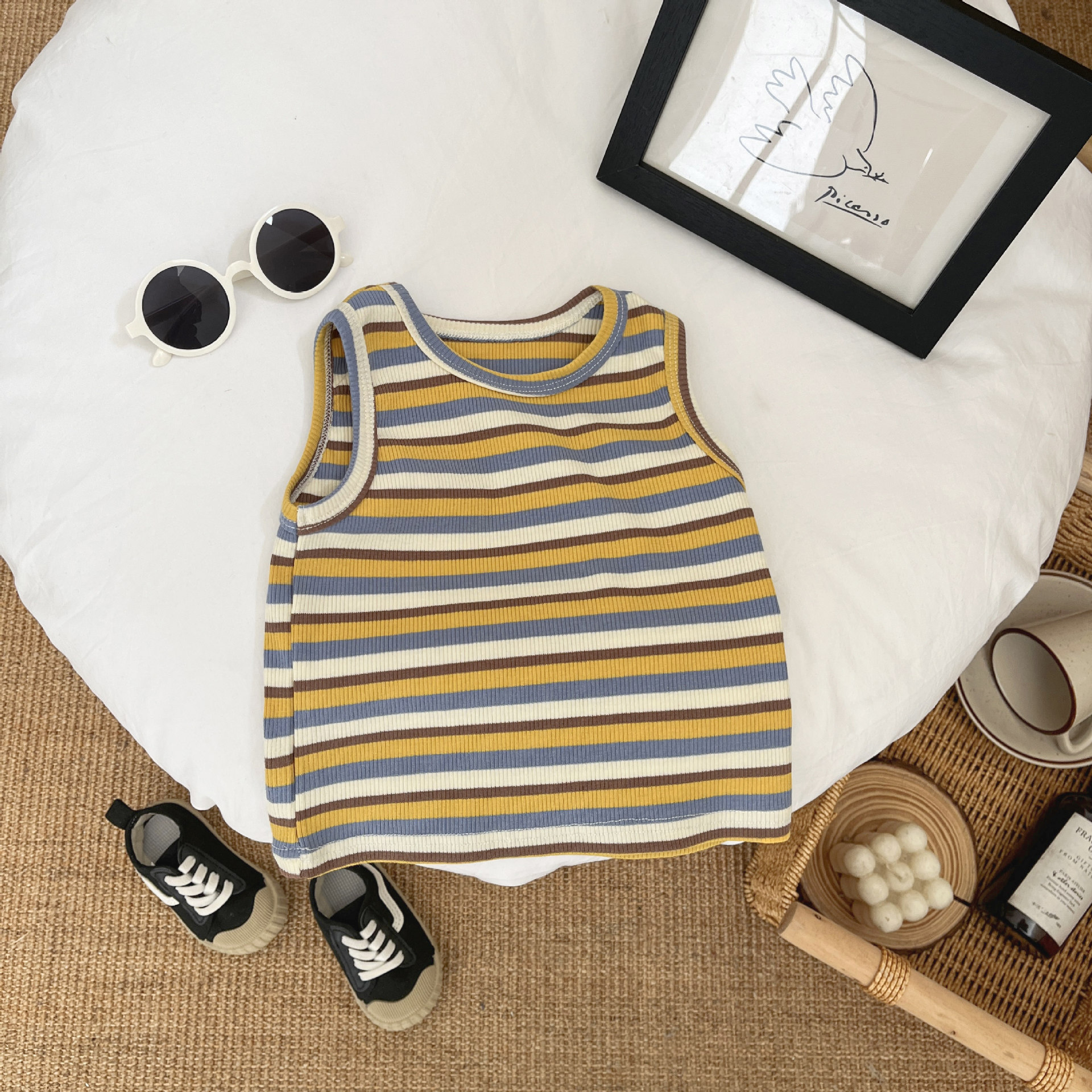 Chaleco para niños coreanos verano fino color a rayas sin mangas top niño bebé chaleco a rayas bebé cabestrillo exterior