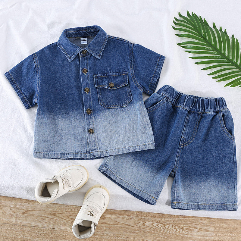 5291 Traje de verano para niños Camisa de manga corta de mezclilla degradada Ropa para niños Ropa hermosa Traje delgado de dos piezas para niños