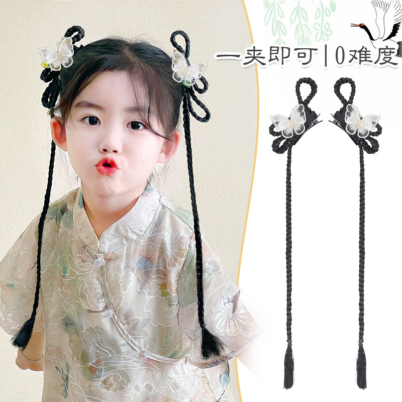 Children's Han Dynasty Headwear, Ancient Costume All-In-One Hair Hoop, Wig Hair Bundle, Ancient Style Hair Bun, Girl's Bun Headwear