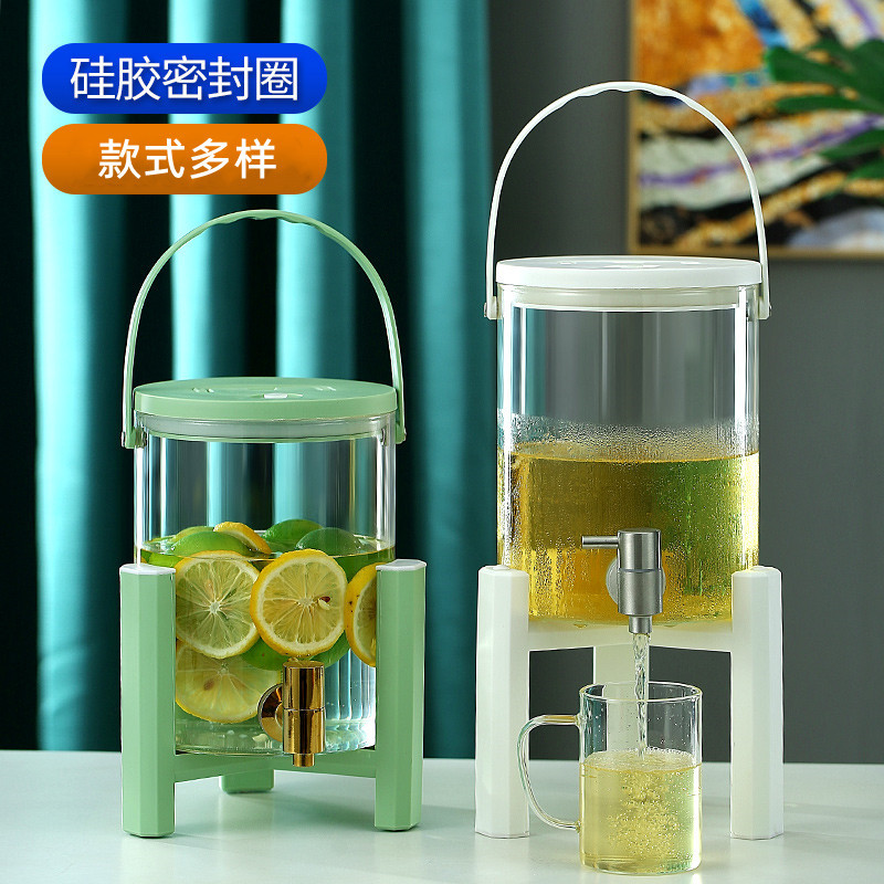 Cesta del refrigerador botella de agua fría con grifo vidrio gran capacidad botella de agua fría hogar bebida enzima cubo sellado burbuja cubo de vino