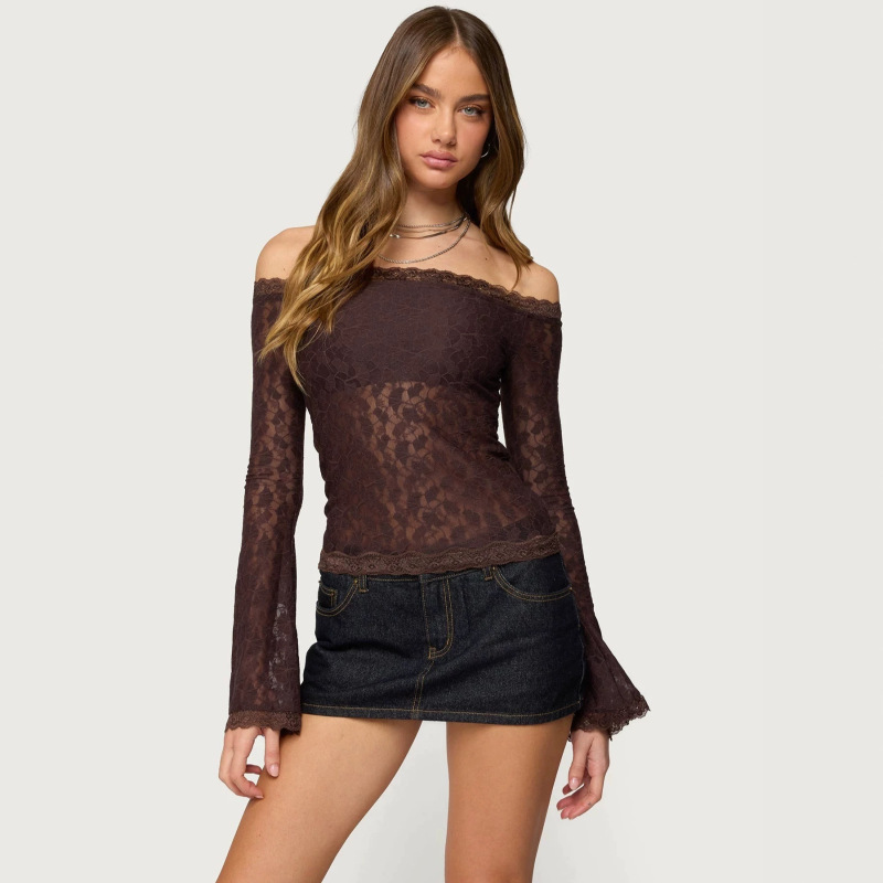 European and American Style Elegant Off-Shoulder Flared Sleeve Long-Sleeve T-Shirt, New Cross-Border Pure Desire Slim-Fit Slimming Top