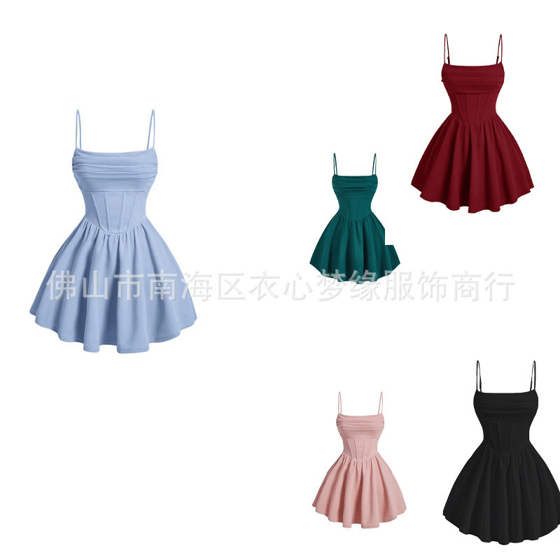 2025 European and American Style Ruffled Corset Dress with Spaghetti Straps, Slim Fit, Flared, Flowing Skating Mini Camisole