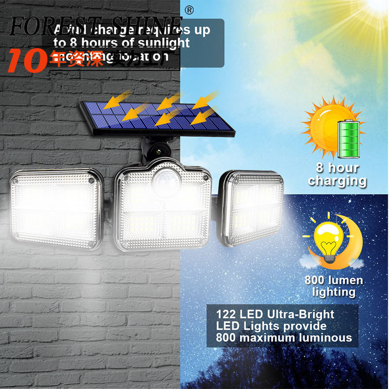 Transfronterizo nueva lámpara de inducción solar lámpara de pared de iluminación de carretera al aire libre lámpara de pared giratoria de tres cabezas lámpara de calle Patio