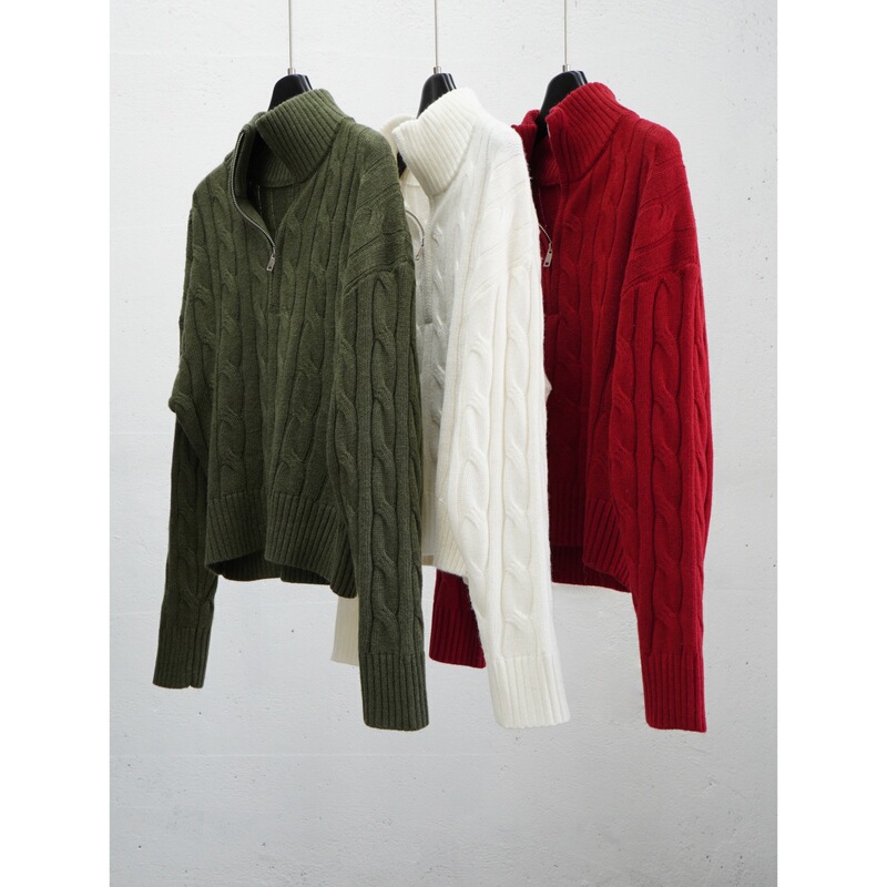 High-Neck Half-Zip Twisted Lazy Loose Versatile Sweater Retro Slimming Cable Knit Stand Collar Moss Green Women's Layered