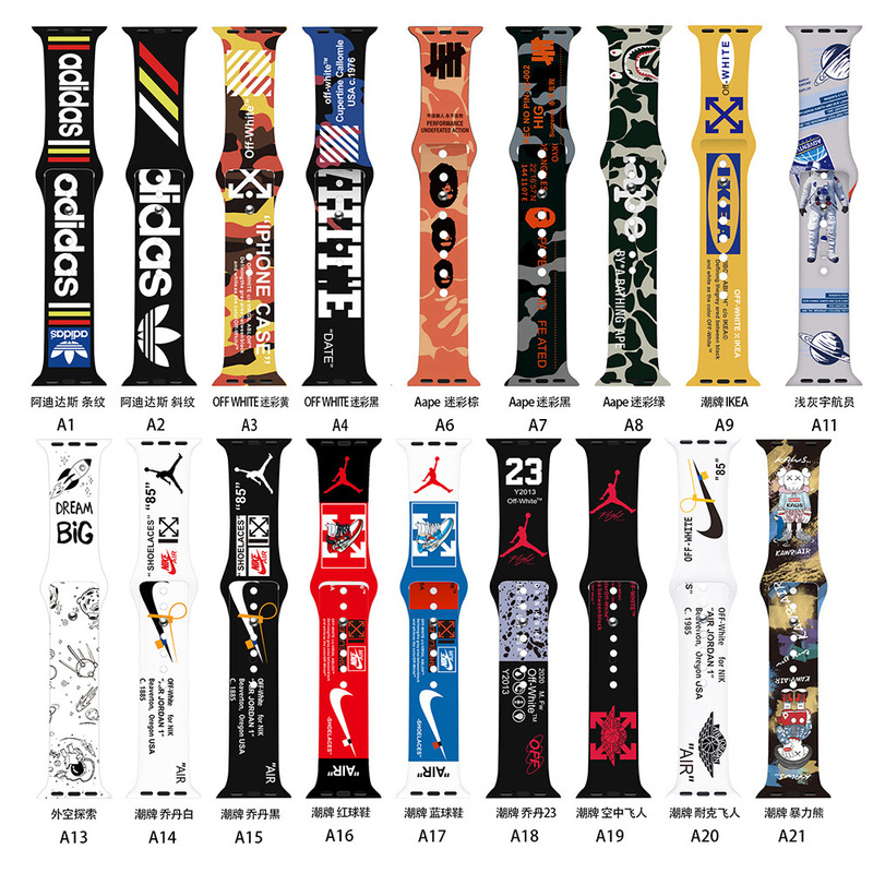 Suitable for Apple Watch Silicone Strap with Apple Print, Iwatch11 High-Definition Trendy Brand Pattern