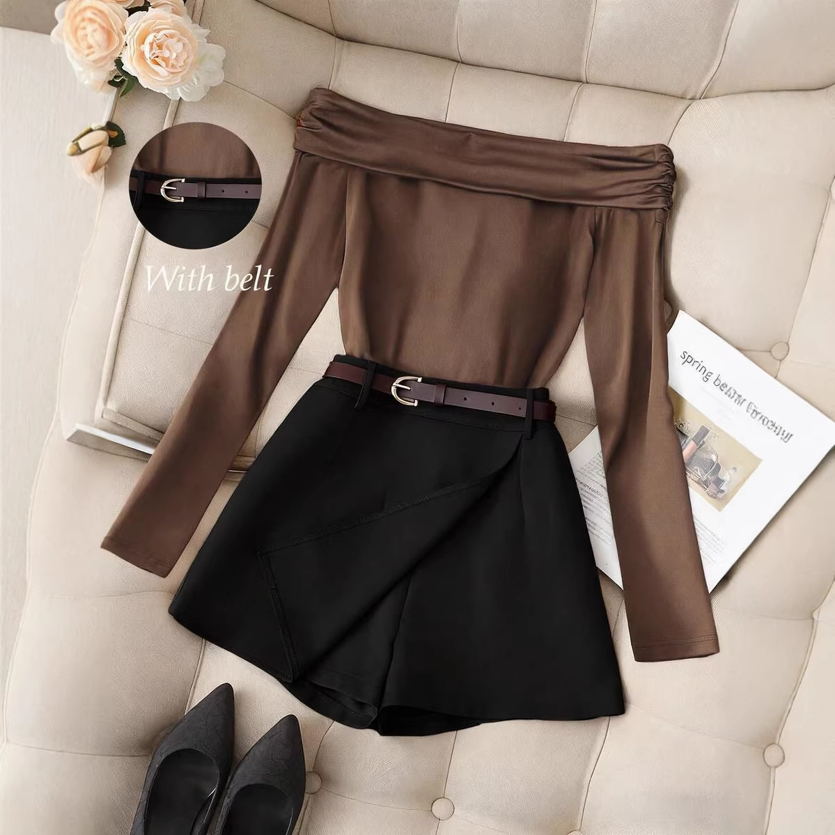 Women's Off-Shoulder Long Sleeve T-Shirt Shorts Skirt Set_ecoleips.com